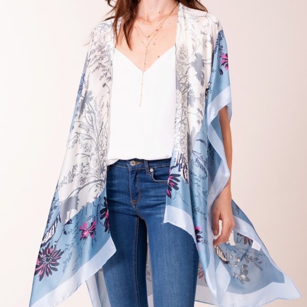 Flower Silk-Screen Print Satin Kimono--Blue Beach Swim Cover-up